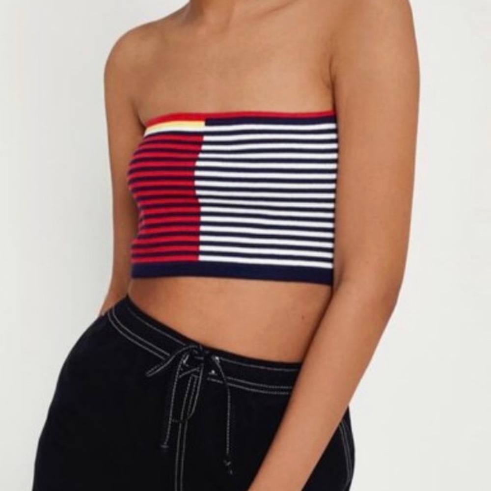 NAVY AND RED STRIPED BANDO TOP - UO